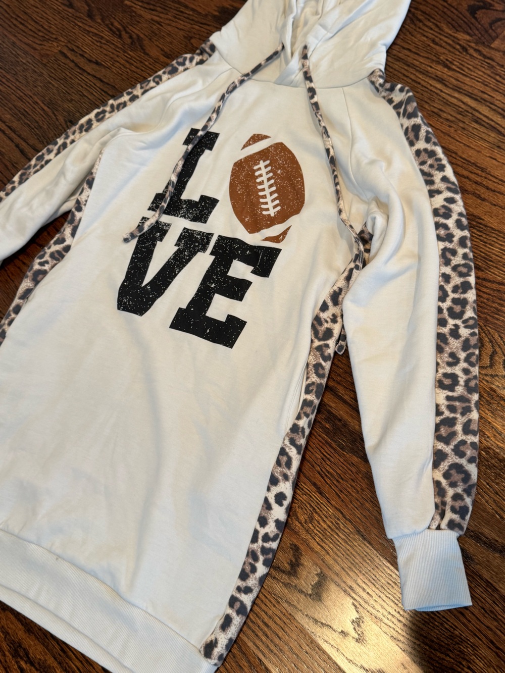 Zenana women’s Cream Hoodie Tunic with Leopard Trim football 🏈 sweatshirt - Picture 2 of 6